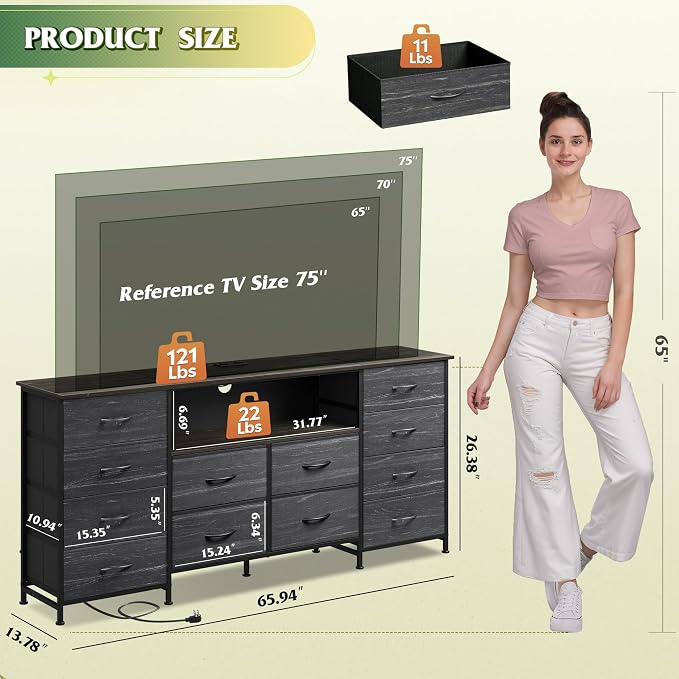 WLIVE 12 Drawer Dresser for Bedroom, Black Dresser TV Stand for 65, 70, 75 inch TV with Led Light & Charging Station, Wide Chest of Drawers with Open Shelves, Fabric Dressers for Closet, Living Room
