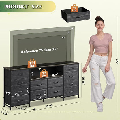 WLIVE 12 Drawer Dresser for Bedroom, Black Dresser TV Stand for 65, 70, 75 inch TV with Led Light & Charging Station, Wide Chest of Drawers with Open Shelves, Fabric Dressers for Closet, Living Room