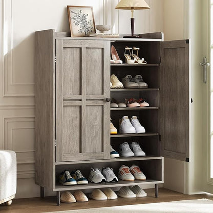 Grey 7+1 Tier Farmhouse Shoe Storage Cabinet - 45" Tall Entryway Organizer with Cross Molding Doors, 3 Adjustable Shelves & Metal Legs, Shoe Rack for Front Door Entrance