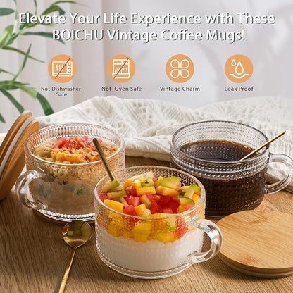 BOICHU Vintage Coffee Mugs Glassware Set of 4-14oz Leak Proof Overnight Oats Containers with Lids and Spoons, Hobnail Glass Cups with Bamboo Lids, Ideal Coffee Bar Accessories Perfect for Drinks, Tea