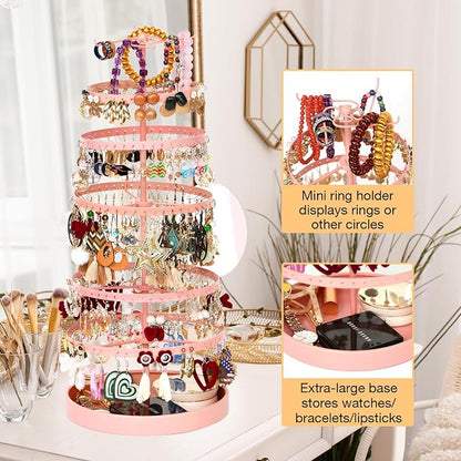 17Dec 6 Tier Rotating Jewelry Organizer Stand, 230 Holes Earring Holder Organizer for Women Girls, Spinning Earring Tree with Ring Holder, Wide Base for Bracelets Watches Lipstick