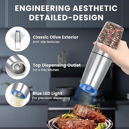 UNNEES Gravity Electric Salt and Pepper Grinder set of 2, Automatic Salt And Pepper Grinder Set, Adjustable Roughness, Battery Powered, LED Light, 2 Pack, (Silver)