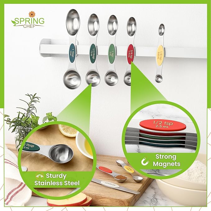 Spring Chef Stainless Steel Magnetic Measuring Spoons Set of 8 with Leveler, Metal Teaspoon & Tablespoon Measure Spoons Set for Baking & Cooking, Stackable & Double Sided Kitchen Gadgets - Very Merry