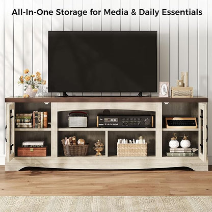 IRONCK Farmhouse TV Stand for 75 Inch TV, Rustic Entertainment Center with Storage Cabinets & Open Shelves, Grid Glass Doors, Media Console for Living Room, Bedroom(Light Oak & Walnut)