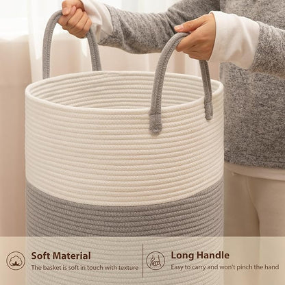 OIAHOMY Large Laundry Basket Hamper - 60L Cotton Rope Woven Basket for Blankets, Toys, Clothes - Tall Decorative Nursery Hamper with Long Handles, Grey/White