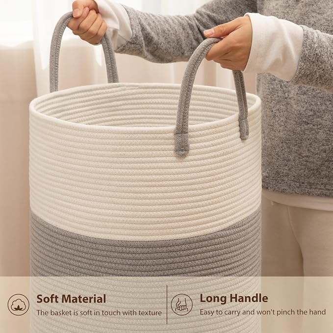 OIAHOMY Large Laundry Basket Hamper - 80L Cotton Rope Woven Basket for Blankets, Toys, Clothes - Tall Decorative Nursery Hamper with Long Handles, Grey/White