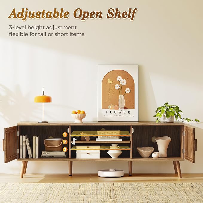 SUPERJARE Boho TV Stand for 65 Inch TV, Entertainment Center with Adjustable Shelf, Rattan TV Console with 2 Cabinets, Media Console, Solid Wood Feet, 4 Cord Holes, for Living Room, Walnut