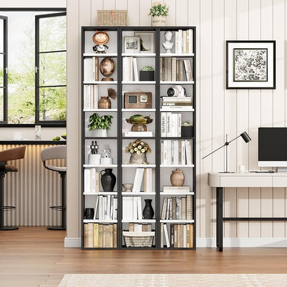 FOTOSOK 8-Tier Media Tower Rack, 11.6 X 9.3 X 71 Inches CD DVD Slim Storage Cabinet with Adjustable Shelves, Tall Narrow Bookcase Display Bookshelf for Home Office, Black/White