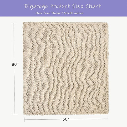 Bigacogo Chunky Knit Throw Blanket for Couch, 60x80 inches, 100% Hand Knitted with Thick Jumbo Chenille Yarn, Cozy Soft Large Rope Knot Cable Crochet Blankets for Sofa Bed Living Room, Beige