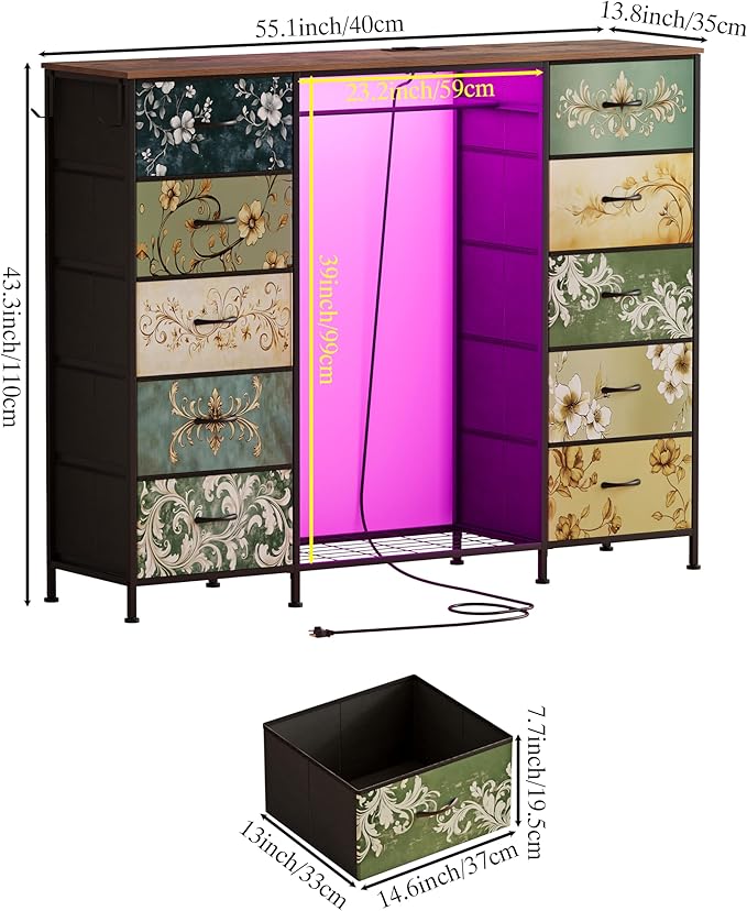 LUMTOK 55" W 2-in-1 Dresser with Hanging Rack, 10 Drawers Dresser for Bedroom,Dressers with Fabric Drawers,LED Lights, Charging Station and Hanging Racks for Bedroom (Retro Pattern)