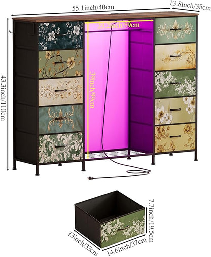 LUMTOK 55" W 2-in-1 Dresser with Hanging Rack, 10 Drawers Dresser for Bedroom,Dressers with Fabric Drawers,LED Lights, Charging Station and Hanging Racks for Bedroom (Retro Pattern)