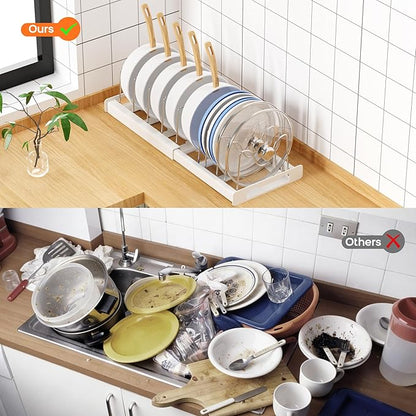 Nigelia Pots and Pans Organizer for Under Cabinet 22" Expandable Food Storage Container Lid Organizers with 10 Adjustable Dividers Pot and Pan Lid Holders Rack Inside Cabinet&Kitchen Countertop(Black)