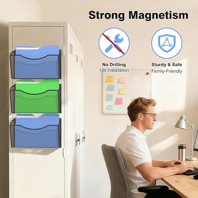Mesh Hanging Wall File Holders, Metal Vertical Wall Basket Mail Organizer for Office/Home (Black, 3 Pack Magnetic)