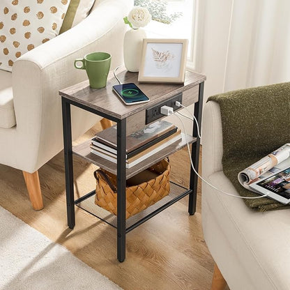 HOOBRO Side Table with Charging Station and USB Port, Small End Table for Small Space, 3-Tier Nightstand with Adjustable Shelf, for Living Room, Bedroom and Balcony, Greige BG112BZ01
