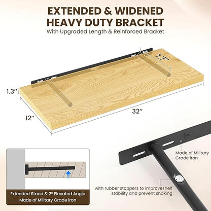 Dreamland 32" Floating Shelves for Wall, 12" Deep Slim Oak Floating Shelves, Wall-Mounted Shelves for Bedroom, Living Room, Kitchen, Bathroom - Set of 2