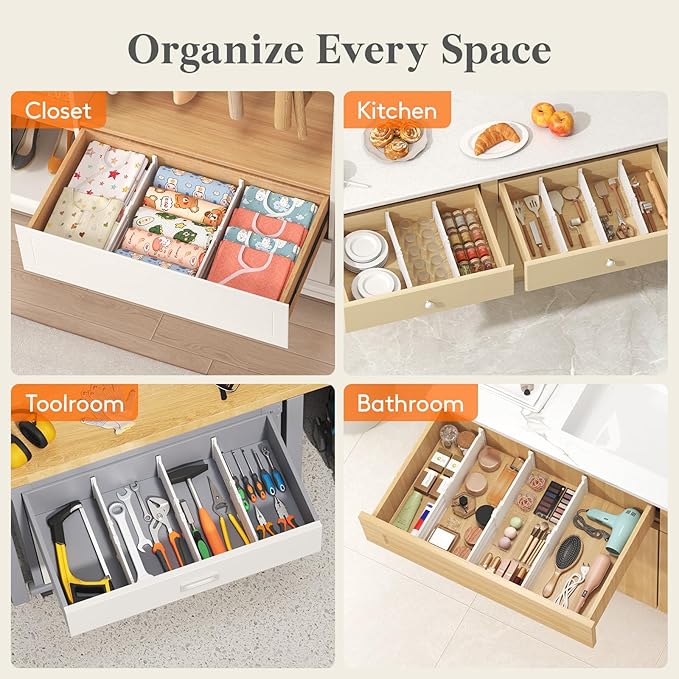Lifewit 4 Pack 5" High Drawer Dividers for Clothes, 11.5"-18.5" Expandable Dresser Drawer Organizers, Adjustable White Plastic Separators for Kitchen, Cabinet, Nursery, Socks & Underwear Storage