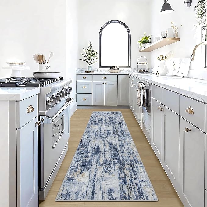 2'6''x8' Runner Rugs Washable Rug: Modern Abstract Hallway Runner Rug Indoor Soft Low Pile Thin Carpet Anti-Skid Non-Shedding Carpets for Kitchen, Entryway, Laundry, Bedroom - Blue Gold
