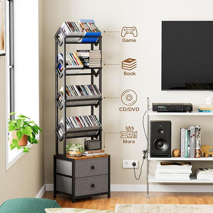 CD Storage Rack with Drawers, 5-Tier Media Organizer DVD Storage Shelf, Large Capacity for CD/DVD, Books & Games, Ideal for Living Room & Home Office, 15.7×11.8×58.7Inches