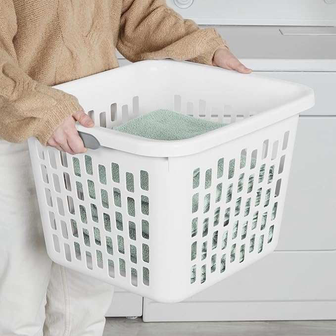 1.5 Bushel Square Plastic Laundry Basket, BPA-Free, White - 2 Comfort Grip Handles, Sturdy & Stackable, for Bedroom, Bathroom & Laundry Room