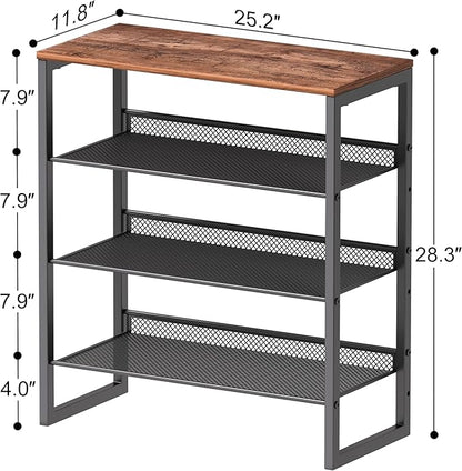 Industrial Shoe Rack - Sturdy Steel Entryway Shoe Organizer with Spacious Top - Strong Mesh Shoe Storage Shelves - Adjustable Shoe Stand for Closet Organization (4-Tier)