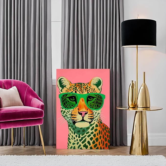 7CANVAS Pink Cheetah Print Canvas Wall Art Leopard Wall Decor Preppy Room Decor Animal with Sunglasses Chic Picture for Modern Home Girls Dorm 24x36Inch