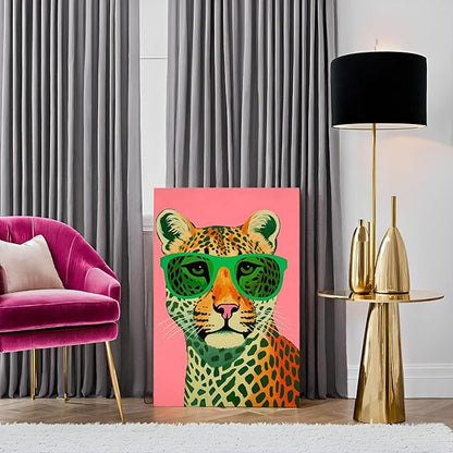 7CANVAS Pink Cheetah Print Canvas Wall Art Leopard Wall Decor Preppy Room Decor Animal with Sunglasses Chic Picture for Modern Home Girls Dorm 24x36Inch