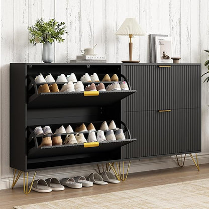 Shoe Cabinet with 2 Flip Drawers, Fluted Black Shoe Storage Cabinets, Hidden Shoe Cabinet Storage for Entryway Slim, Modern Freestanding Shoe Rack Organizer, Black