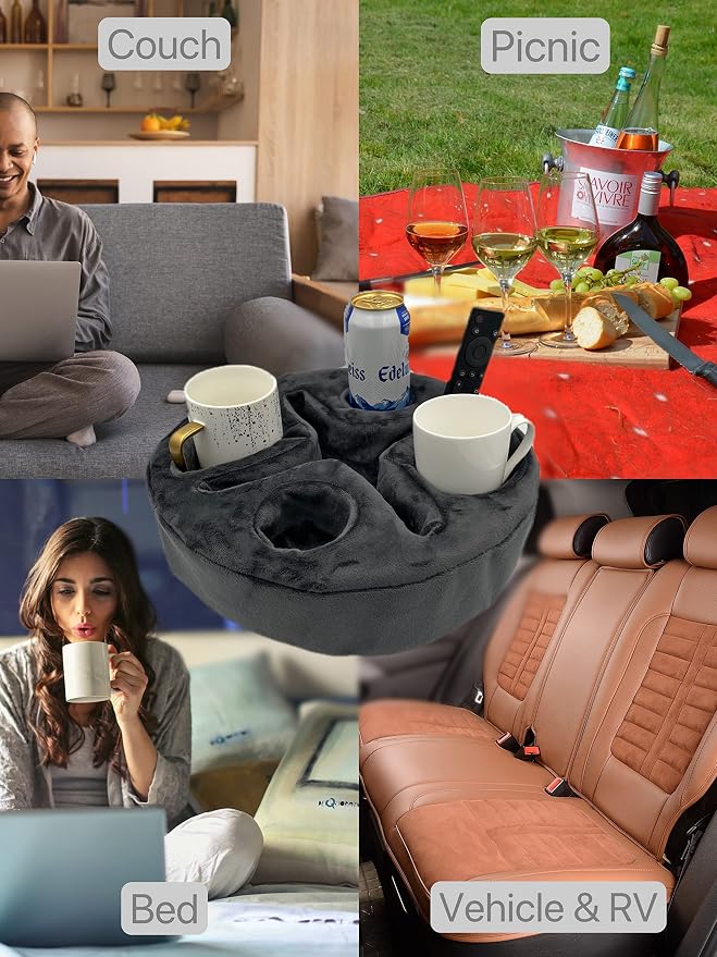 Xchouxer Couch and Bed Cup Holder Pillow, Sofa Organizer Caddy for Drinks, Remotes, Phones, Snacks (Gray)