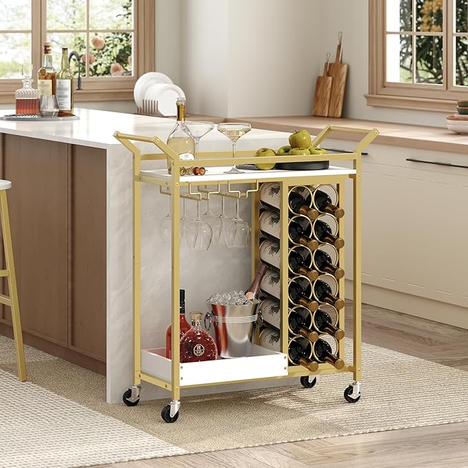 Bar Cart for Home, Gold Bar Cart with Wine Rack, Drink Cart with Wheels, Rolling Wine Cart with Glass Holder, Serving Cart for Kitchen, Gold and White RCJW18101