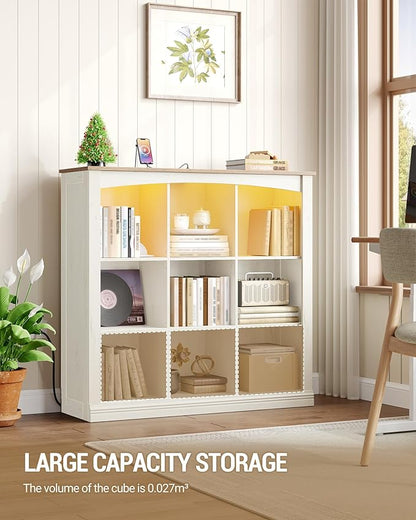 Cube Bookshelf, 9 Cube Storage Organizer, 3 Tier Wood Cubby Bookshelf with Led Lights and Charging, Low Bookcase for Bedroom, Office, Living Room, White BC33314X
