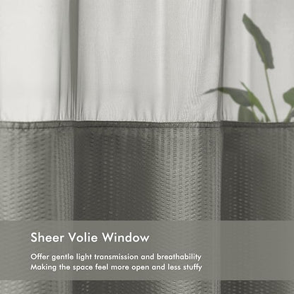 Mrs Awesome No Hook Shower Curtain with Snap-in LinerLess Time On/Off, Embossed Waffle-Look Textured Fabric Shower Curtain for Bathroom, Soft & Lightweight, 71x74, Gray