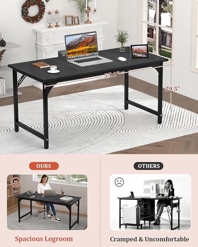 Computer Desk, 55.1" Office Desk, Extra Wide 23.62” Deep Desktop, 0.59” Thick Heavy-Duty Home Office Desks, Office Table with Steel Frame, Modern Wood PC Desk for Bedroom Study Writing Gaming Work