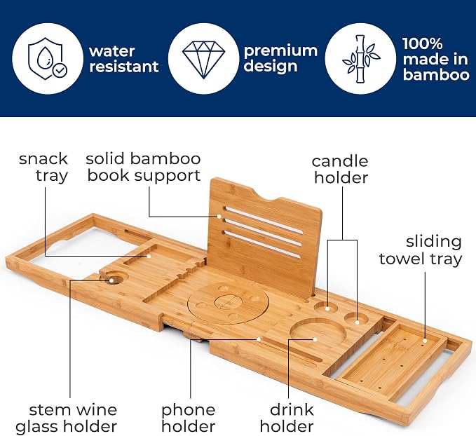 SereneLife Premium Bathtub Tray Caddy, Expandable Bath Tray, Unique House Warming Gifts, Gift for Mom, Women, New Home, Wedding, Anniversary, Bridal Shower, Universal Fit for All Tub