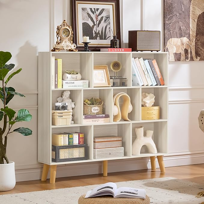 LEYAOYAO 10 Cube Bookshelf,3 Tier Modern Wide Bookcase with Legs,Mid-Century Wood Bookshelves Storage，Light Grey White Large Book Case,Freestanding Organizer Display Shelf for Living Room,Office