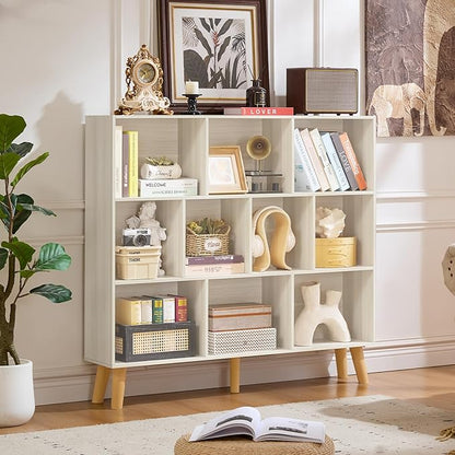 LEYAOYAO 10 Cube Bookshelf,3 Tier Modern Wide Bookcase with Legs,Mid-Century Wood Bookshelves Storage，Light Grey White Large Book Case,Freestanding Organizer Display Shelf for Living Room,Office