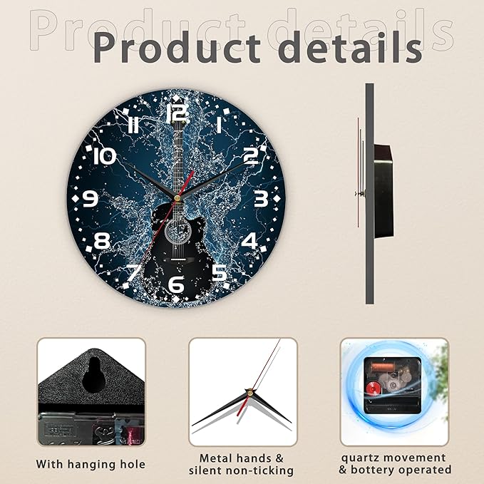 Electric Guitar Wall Clock - 10 Inch Wooden Art Hanging Clock, Silent Non-Ticking, Battery Operated, Round Home Arabic Numeral Decorative