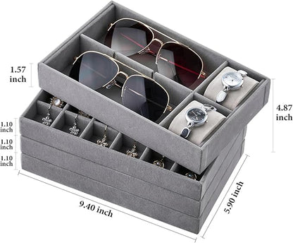Velvet Jewelry Drawer Organizer Trays – Grey Stackable Jewelry Storage Inserts Set, 4-Layer Jewelry Tray Set for Earrings, Rings, Necklaces, Bracelets with Removable Dividers for Dresser & Vanity