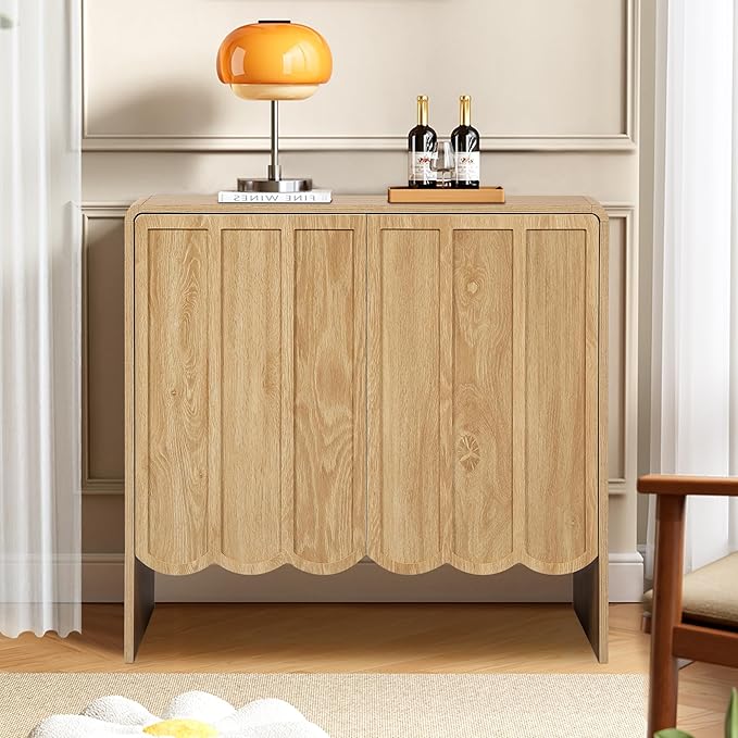 ORRD Sideboard Buffet Cabinet Set of 2, Accent Storage Cabinet with 2 Doors, Farmhouse Wood Cabinet with Adjustable Shelves and Wave Panel for Living Room, Dining Room, Entry - Natural