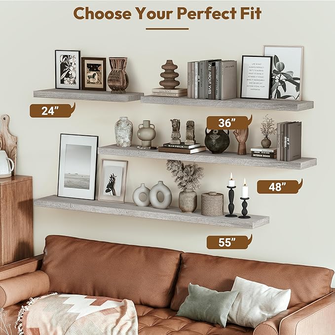 Vivelove Elm Wood Floating Shelves, Wooden Shelves for Wall with Invisible Bracket for Living Room Bedroom Bathroom Office Book, Rustic Farmhouse Decor Storage & Display, 55 Inch Set of 1- Grey