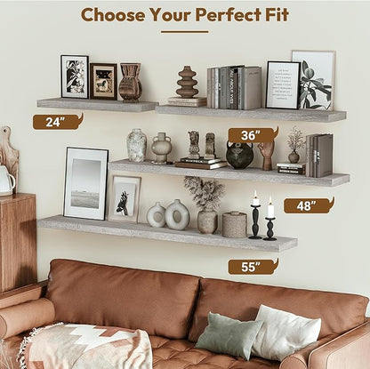 Vivelove Elm Wood Floating Shelves, Wooden Shelves for Wall with Invisible Bracket for Living Room Bedroom Bathroom Office Book, Rustic Farmhouse Decor Storage & Display, 55 Inch Set of 1- Grey