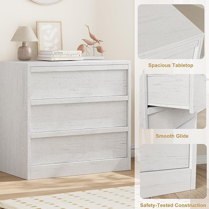 IDEALHOUSE 3 Drawer Nightstand for Bedroom, 30in Tall Small End Side Table with Large Storage & Anti-Tip Design, Modern Bedside Table Organizer for Living Room, Entryway - White