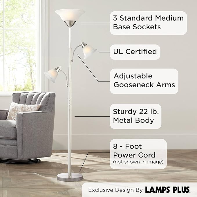 360 Lighting Jordan Modern Tree Torchiere Floor Lamp Standing 3-Light 71 1/2" Tall Brushed Nickel Silver Alabaster Glass Shades Decor for Living Room Reading House Bedroom Office