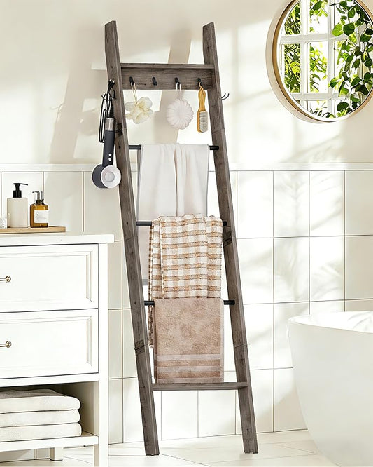 CHOEZON 5-Tier Blanket Ladder, Wooden Blanket Display Rack, Towel Ladder with Hooks, Wall Leaning Display Shelf, for Living Room, Bedroom, Balcony, Greige and Black MCJ02BG