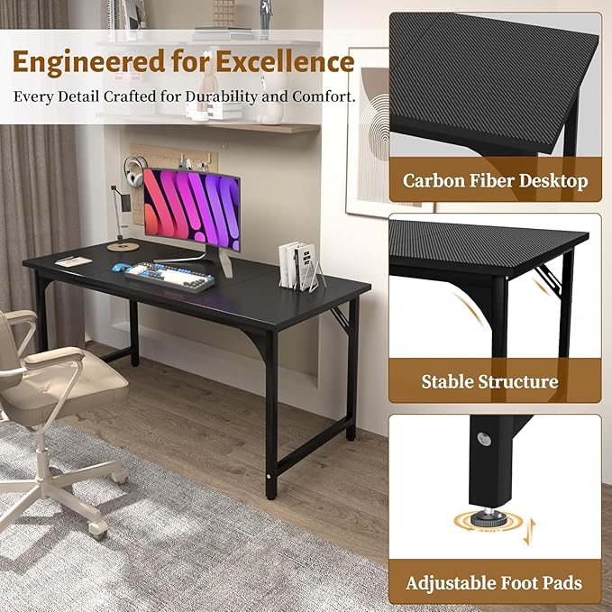 Computer Desk, 55 Inch Home Office Desks, Office Desk for Gaming Writing Study Work, Study Table with Large Legroom, Computer Desk with Metal Frame (Black Carbon Fiber Tabletop, 55inch)