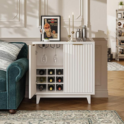 Fluted Coffee Bar Cabinet with Storage, Modern Sideboard Buffet Cabinet with Removable Wine Rack, Drawer, Adjustable Shelf, White Liquor Cabinets for Living Room, Dining Room, Kitchen, Entryway