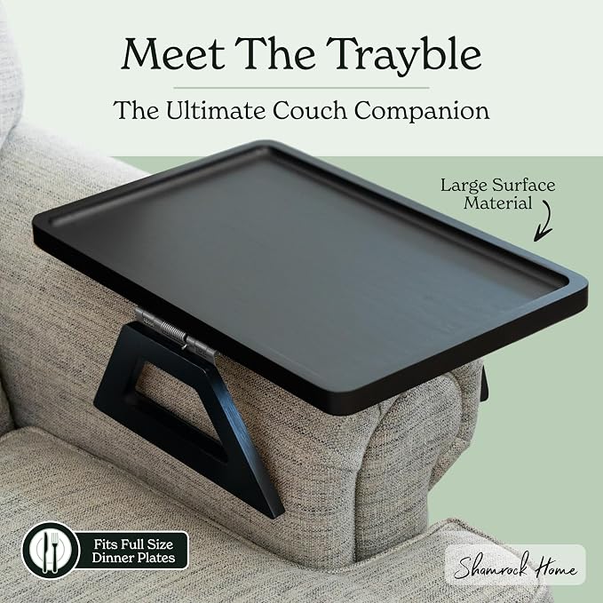 Shamrock Home Bamboo Trayble Couch Arm Table, Clip On Tray Sofa Table for Couches. Sofa Arm Tray for TV Dinners, Remotes, Drinks, Snacks and Small Spaces - 15.75 x 11inch, Black