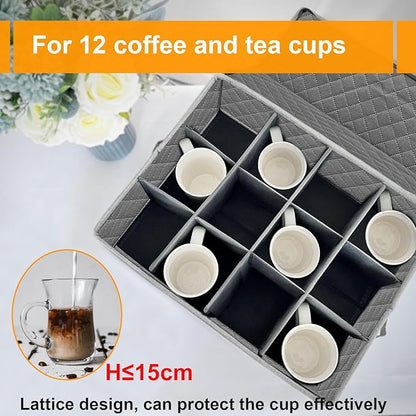 Coffee Mug Storage Box with Dividers, China Storage Containers Hard Shell ,Glassware Storage Containers with Zipper Lid and Handles, Stackable for 12 Mugs, Tea Cups, Moving & Packing (Light Grey)
