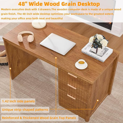 48" Modern Fluted Home Office Desk with Storage Cabinet, Brown Wood Executive Desk with File Drawer & Golden Handles, Large Computer Writing Table for Office,Study, Living Room, Bedroom