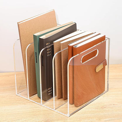 Acrylic Magazine File Holder, 4 Vertical Compartments Desk Document Sorter Organizer, Clear Folder Rack Binder for Office/Documents/Classroom, for Home, Tablet, Magazines, Books & Accessories