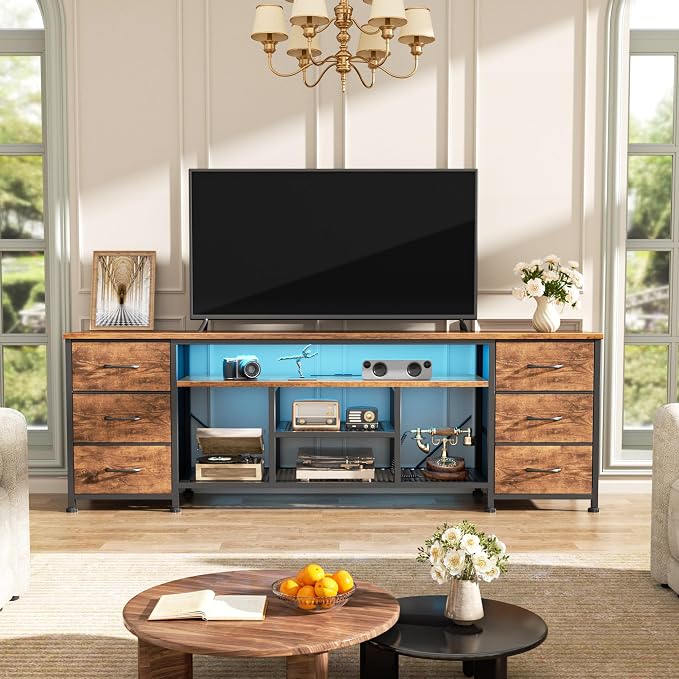 Furologee LED TV Stand for 65, 70 Inch TV, 63 Inch Entertainment Center with Power Outlets, 6 Fabric Drawers Dresser for Bedroom, Media Console with Open Shelves, Rustic Brown